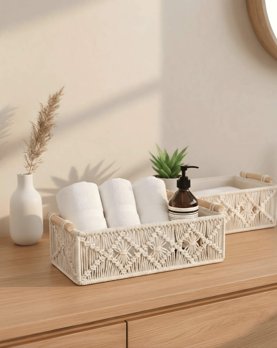 Boho Opbergmandjes Set (2 stuks) - Gevlochten Organizer met Houten Handvatten | Wit - Maison Roze