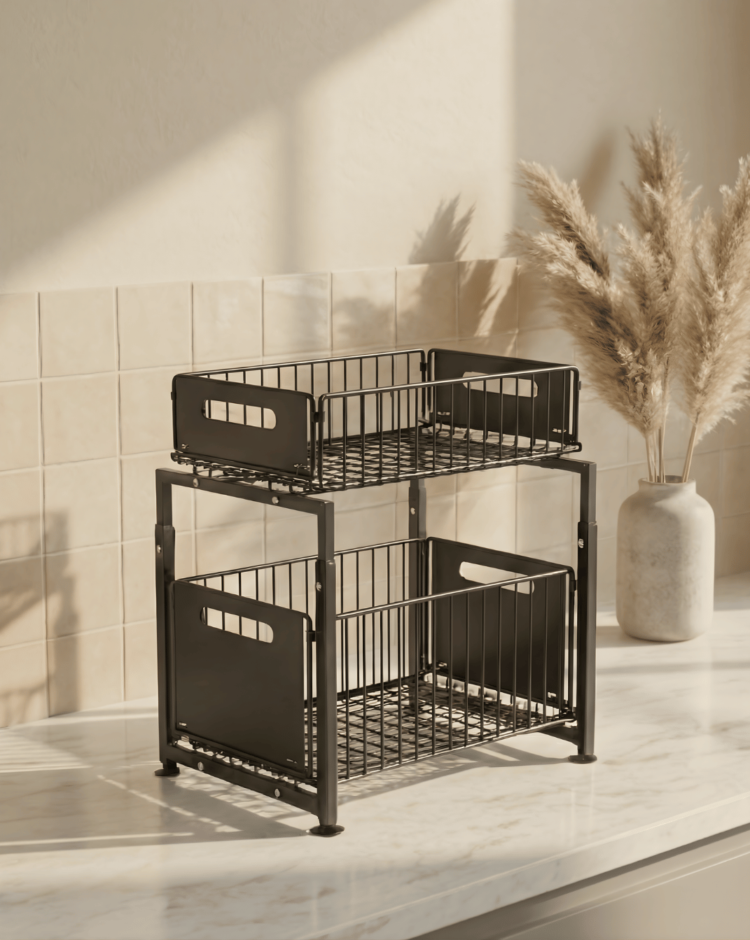 Onderkast Organizer 2-Laags – Verstelbare Hoogte Uittrekbare Metalen Lade – Zwart | Zwart - Maison Roze