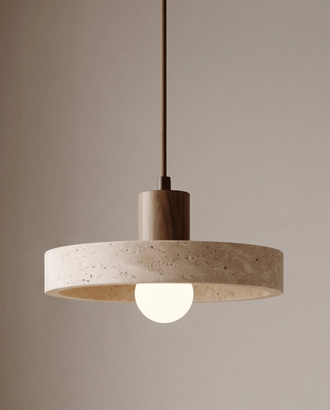 Dune Hanglamp Van Geel Travertijn Met Massief Houten Accent | Walnoot - Maison Roze