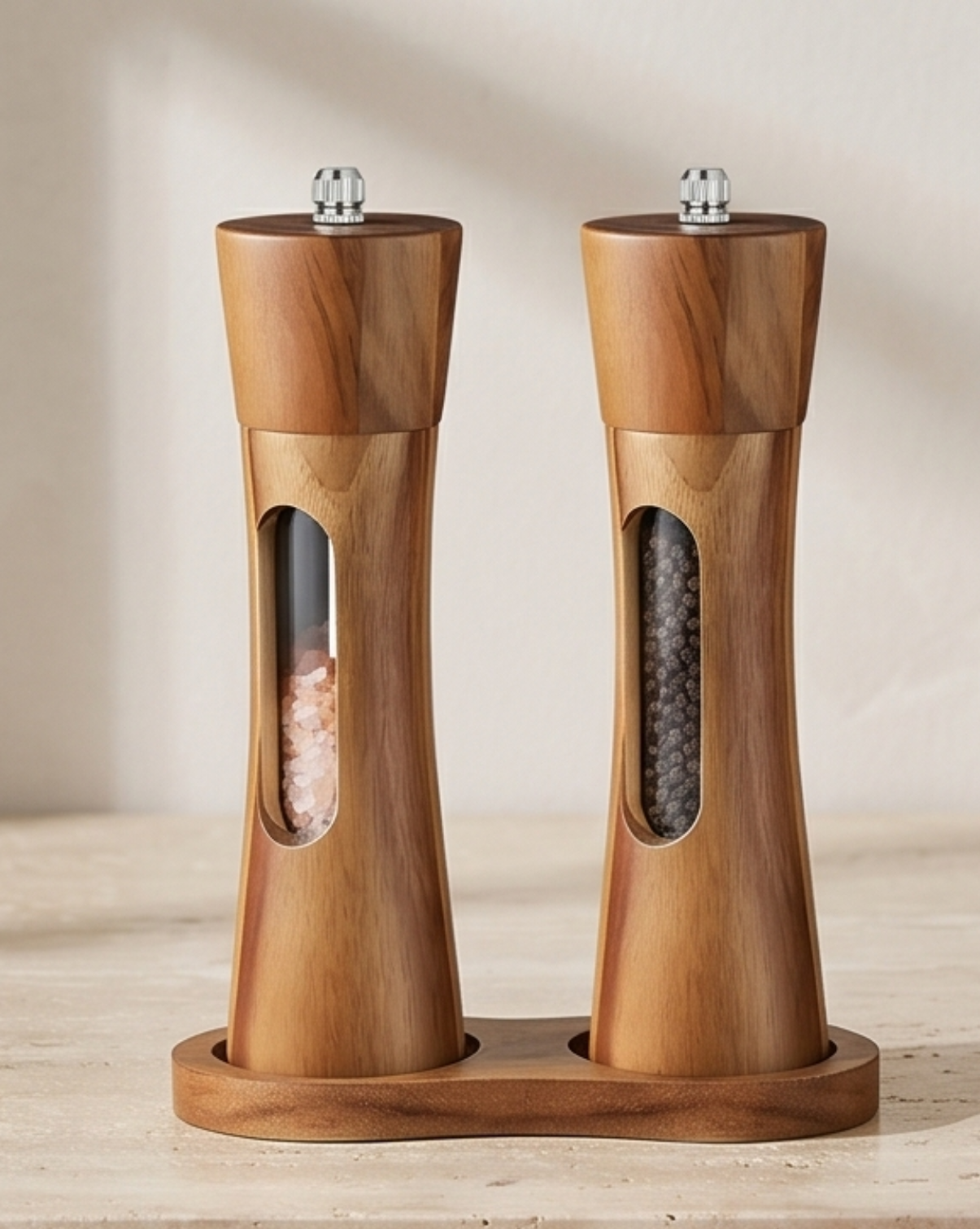 Acacia Houten Peper en Zout Molen Set - Handmatige Keuken Molens met Basis | Set - Maison Roze