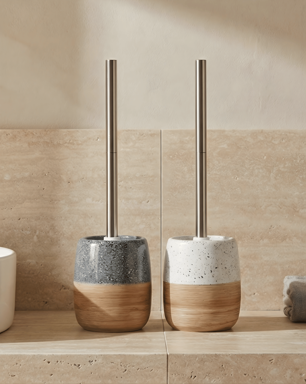 Keramische Toiletborstelset – Houten Textuur Voet – Roestvrijstalen Handvat | - Maison Roze
