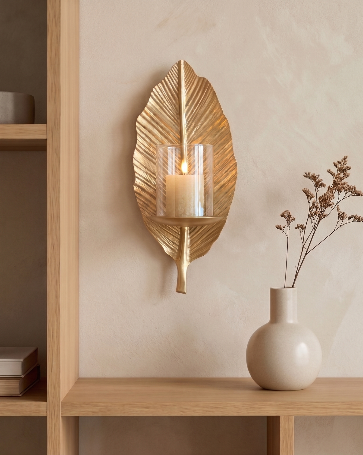 Kandelaar Wand – Blad Design | Handgemaakte Metalen Kaarshouder | Goud - Maison Roze