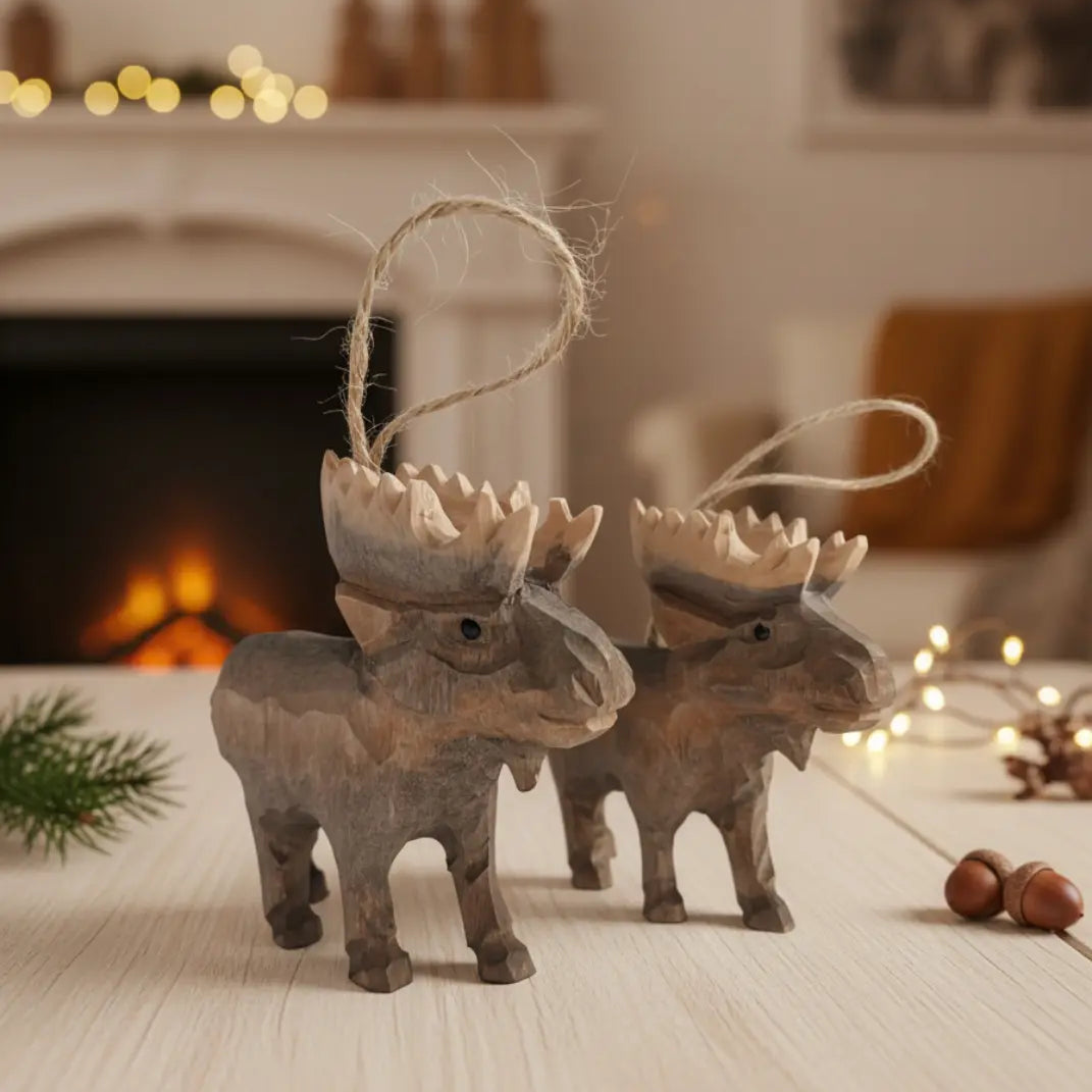 Handgesneden Houten Eland Ornament – Massief Hout Rustieke Kerstdecoratie