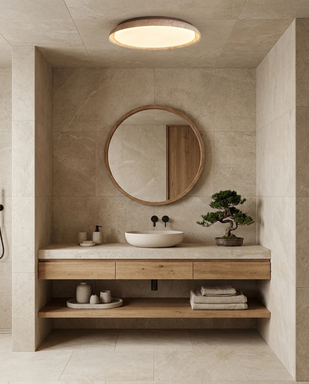 Ronde travertin plafondlamp met hout - Ø 32 of 43 cm | - Maison Roze