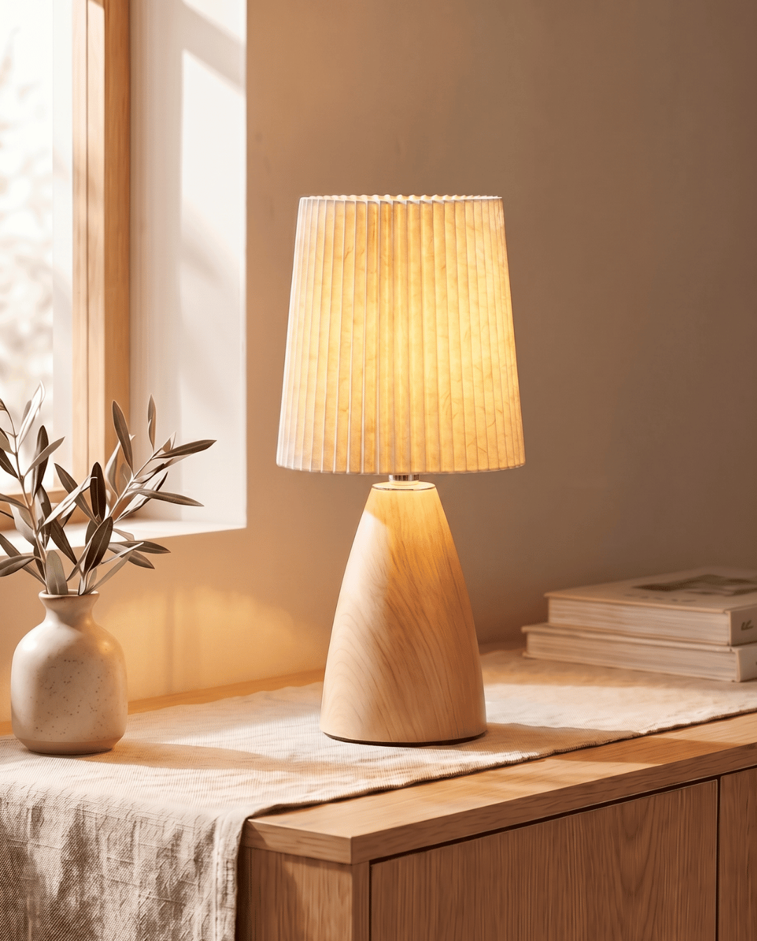 Tafellamp van keramiek met hout design en stoffen kap - kegel | - Maison Roze