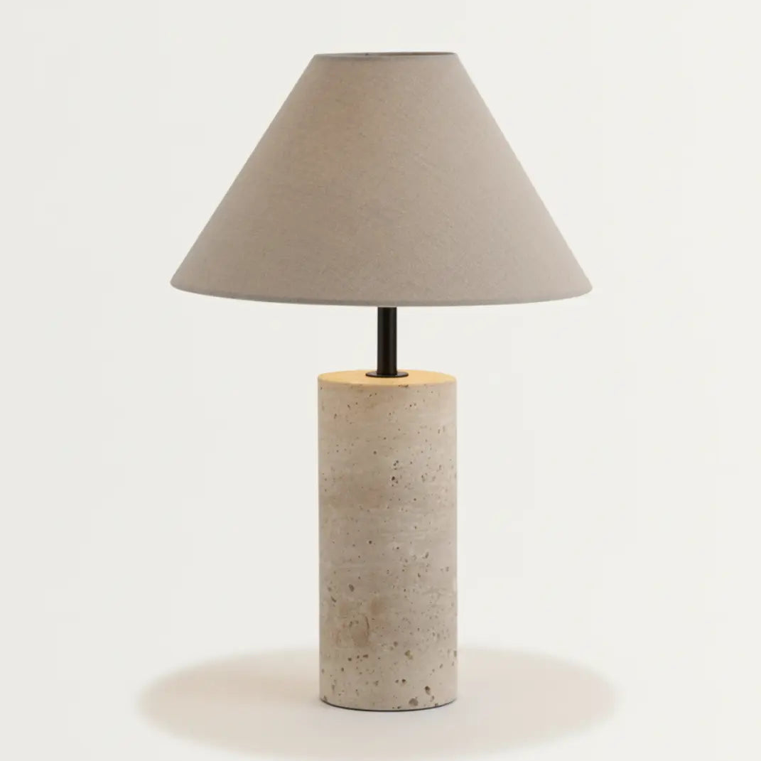 Travertijn Tafellamp – Gele Natuursteen & Stoffen Kap