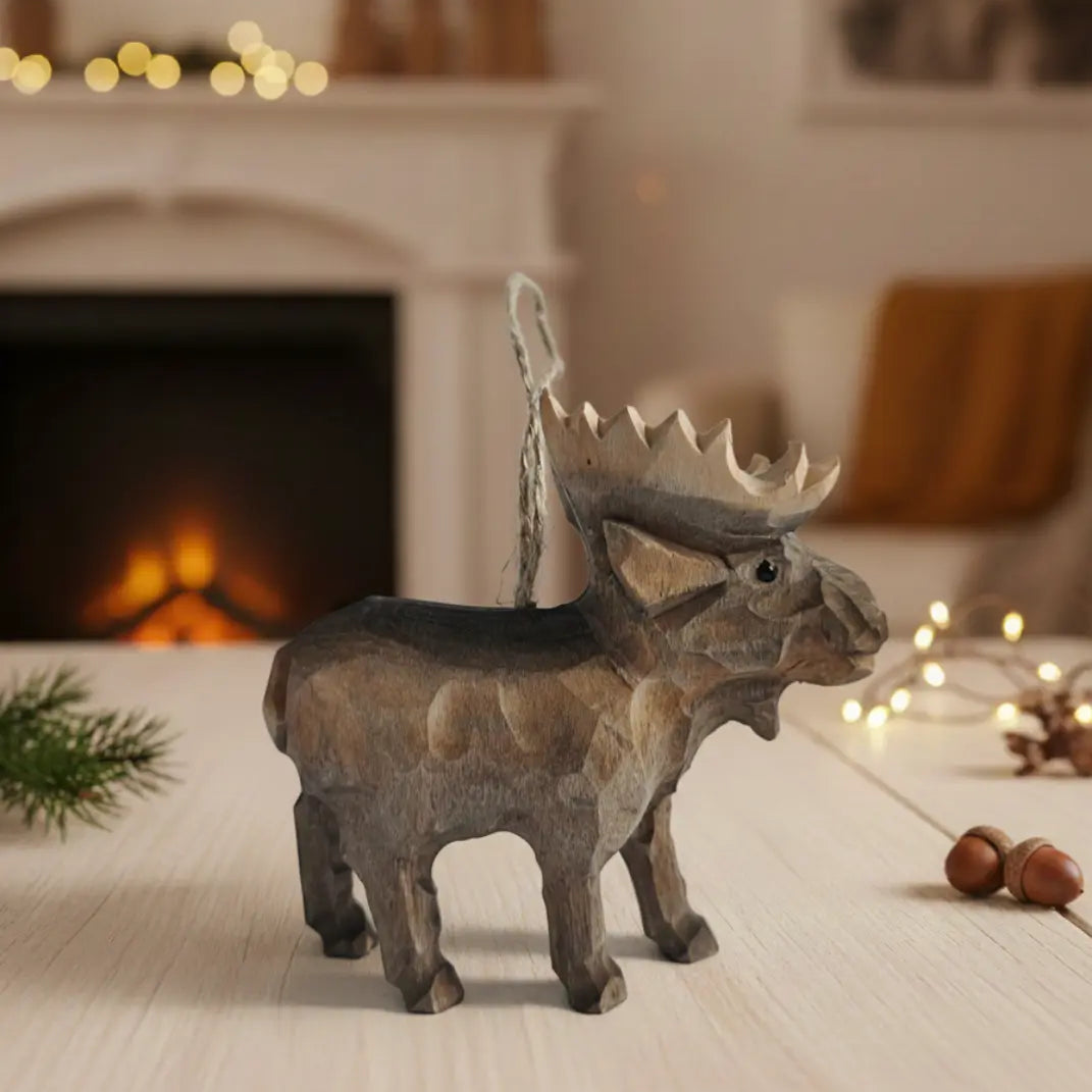 Handgesneden Houten Eland Ornament – Massief Hout Rustieke Kerstdecoratie