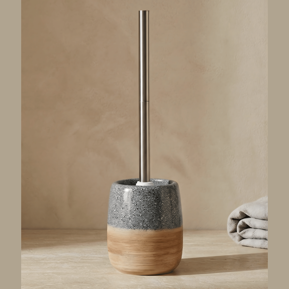 Keramische Toiletborstelset – Houten Textuur Voet – Roestvrijstalen Handvat