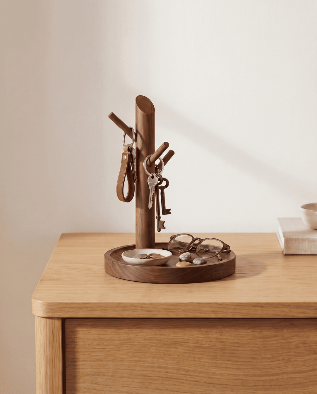 Sleutelhouder Hout Bamboe | Minimalistisch Plateau met Haken, 20 cm | - Maison Roze