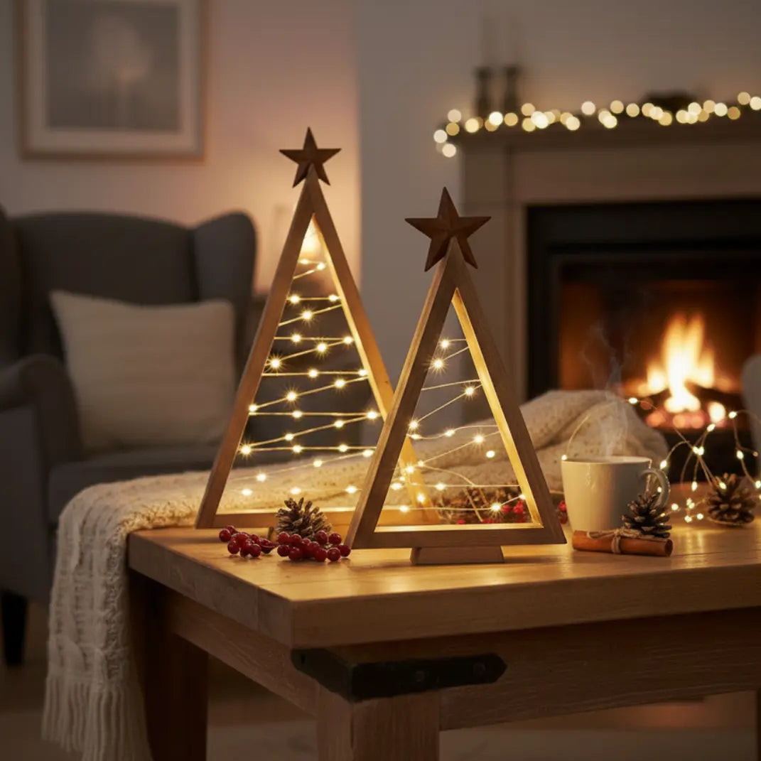 Houten LED Kerstboom – Warm Wit Verlichte Tafeldecoratie – Natuurlijk Hout