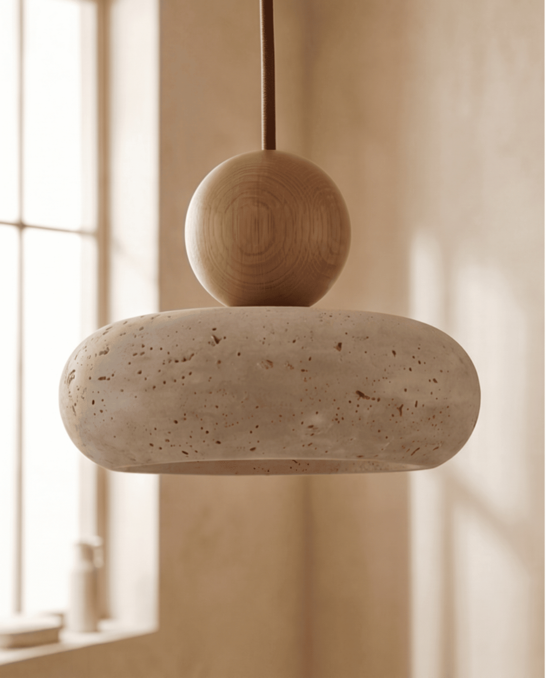 Cove Hanglamp Van Beige Travertin Met Houten Accent | - Maison Roze