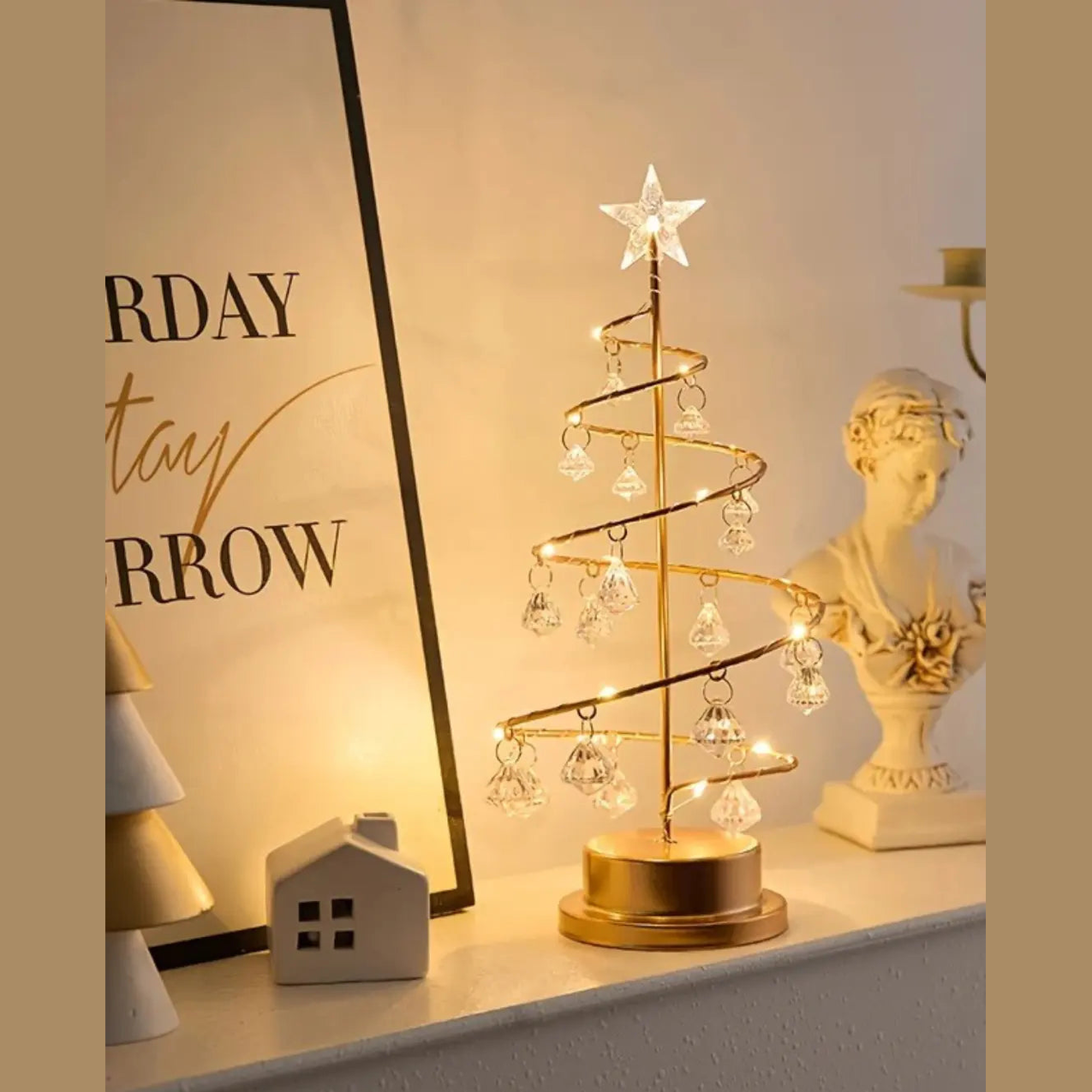 Koperdraad Kerstboom Nachtlampje – Kristal Hangornament