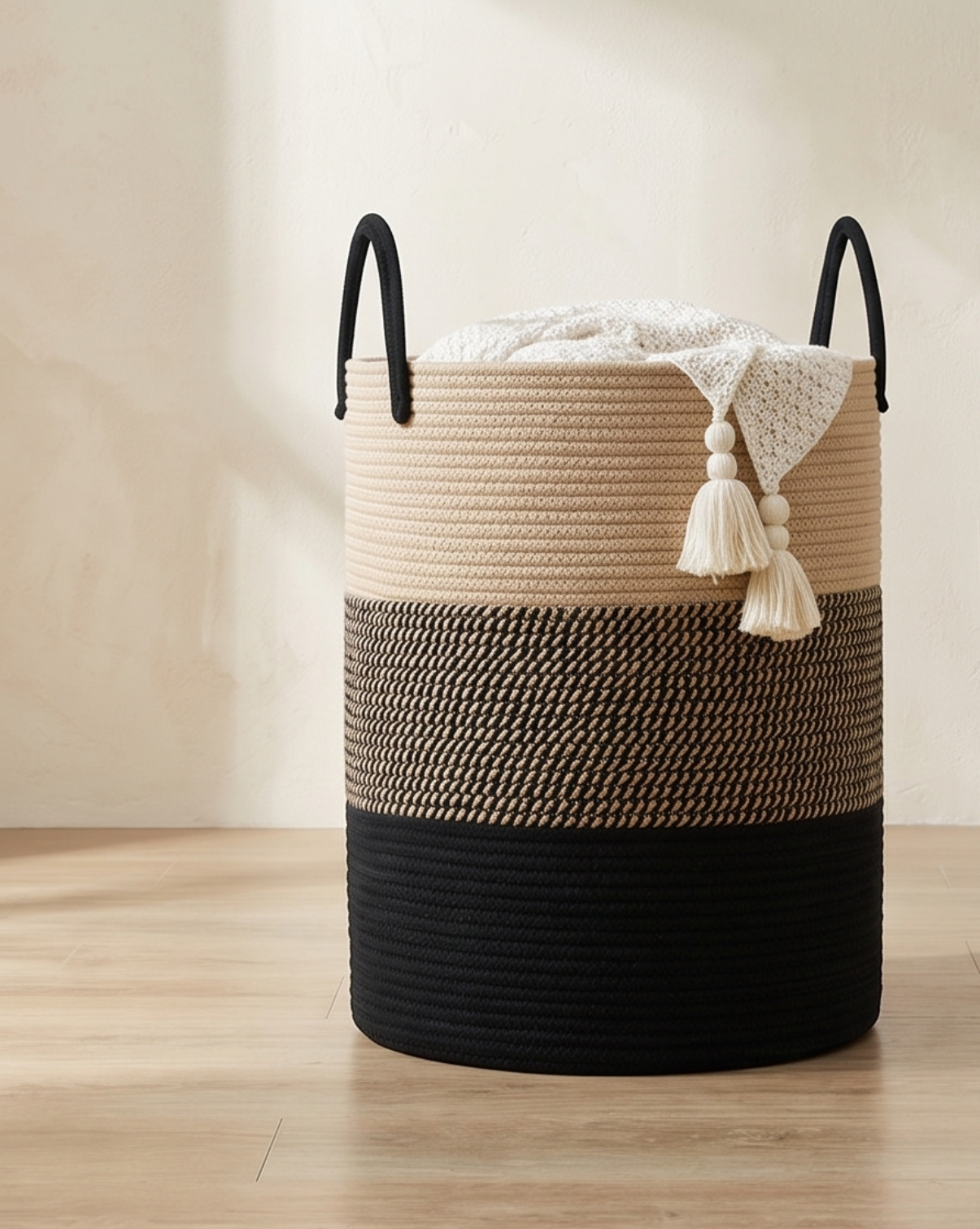 Wasmand Katoen Touw – Boho Design | Gevlochten Wasmand Naturel, 58L | Mix - Maison Roze