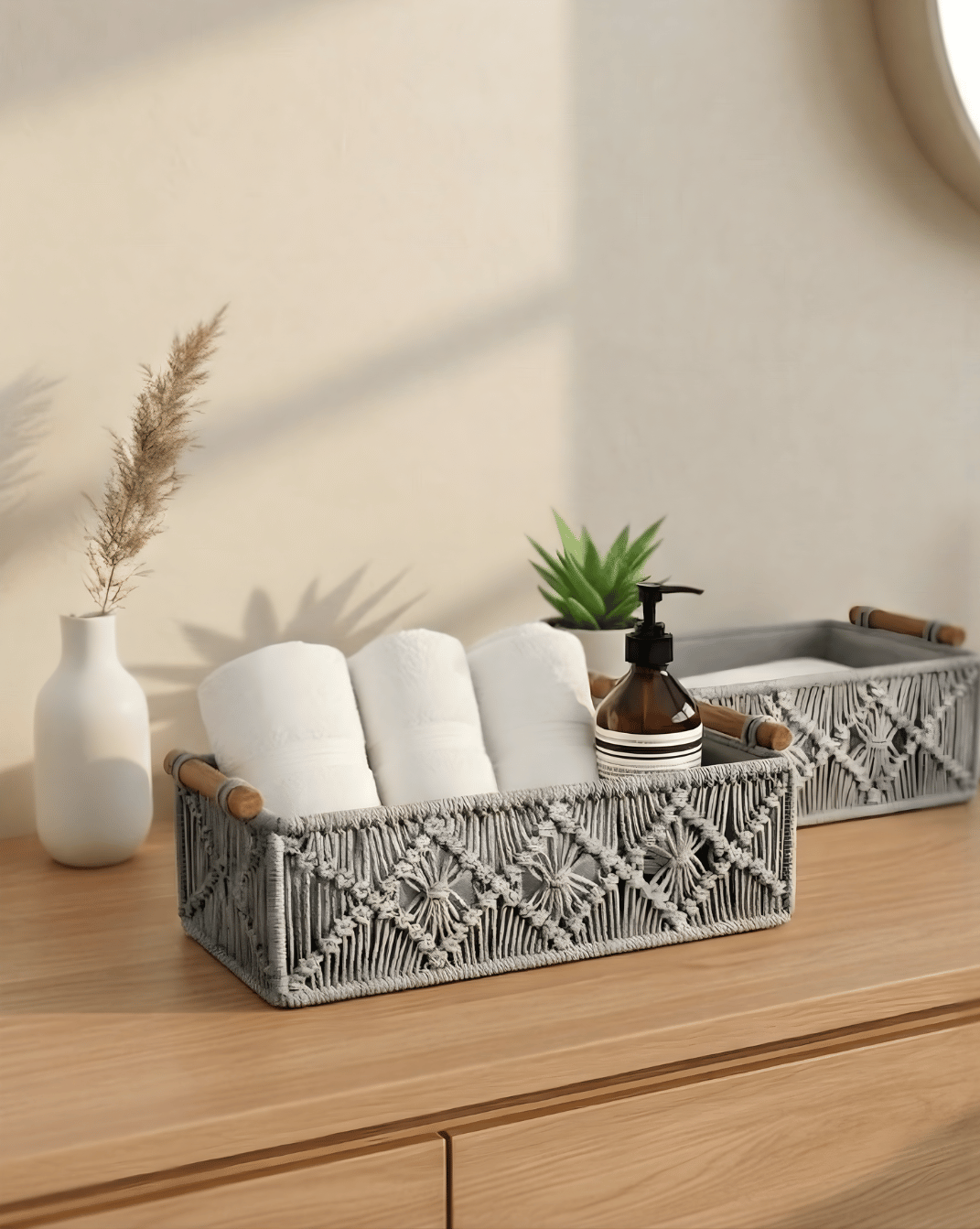Boho Opbergmandjes Set (2 stuks) - Gevlochten Organizer met Houten Handvatten | Grijs - Maison Roze