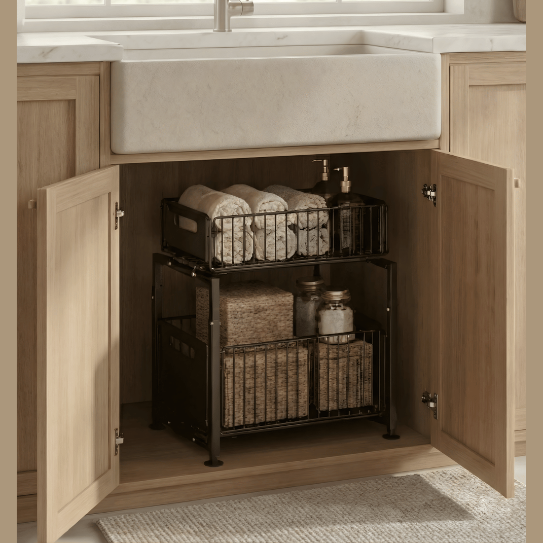 Onderkast Organizer 2-Laags – Verstelbare Hoogte Uittrekbare Metalen Lade – Zwart Maison Roze