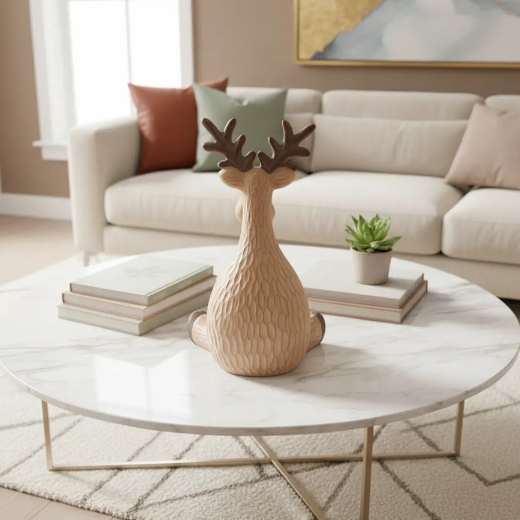 Zittend Feestelijk Rendierbeeld 21,5cm – Polyresin Decoratie Met Bruine Houtafwerking