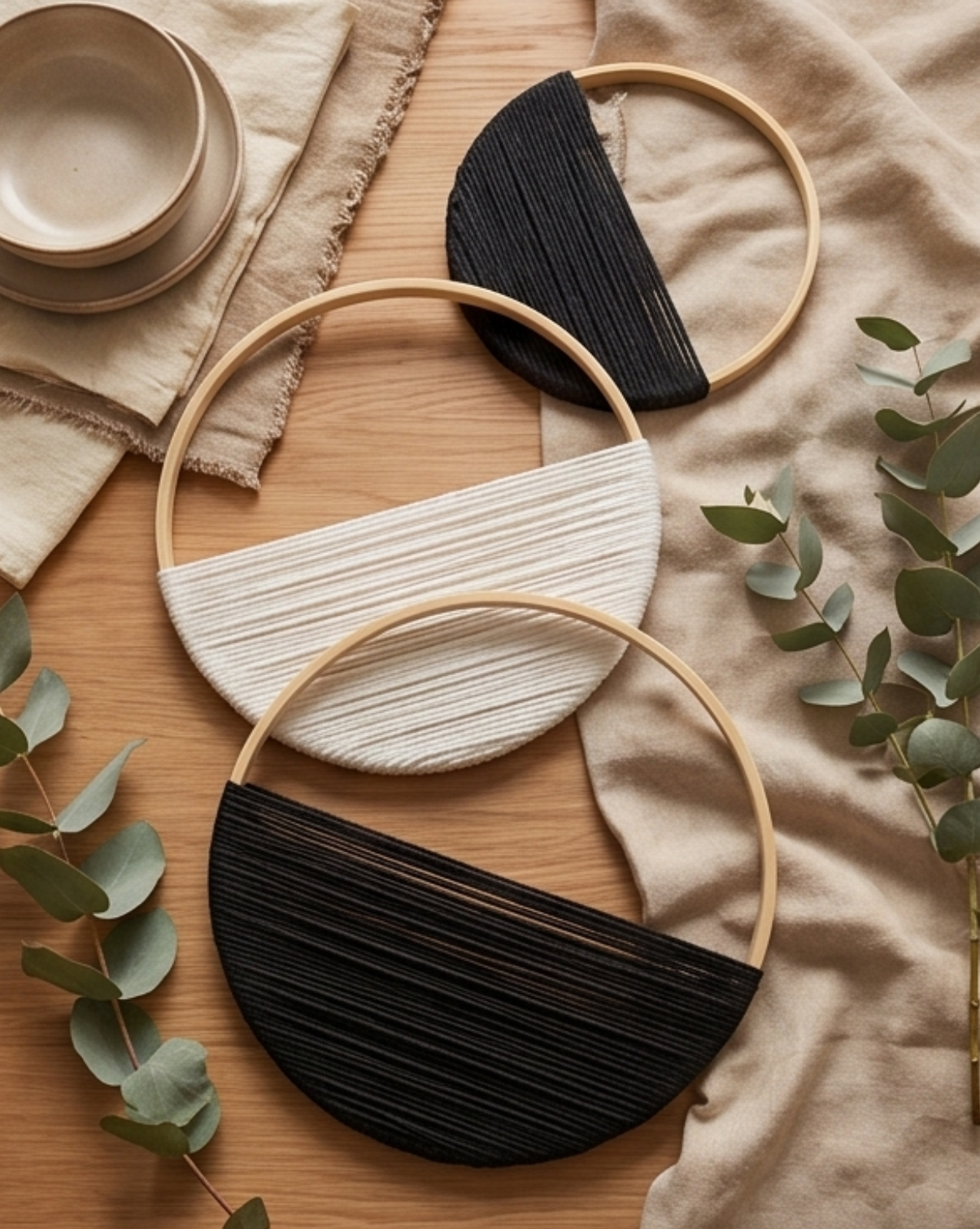 Macramé Wanddecoratie Set van 3 | Bamboe Hoepel met Geometrisch Patroon | - Maison Roze