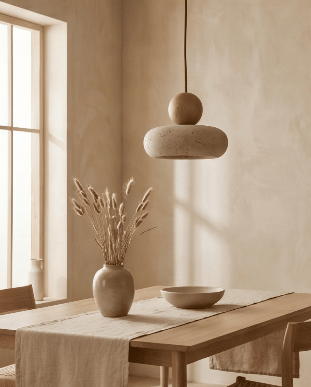 Cove Hanglamp Van Beige Travertin Met Houten Accent | - Maison Roze