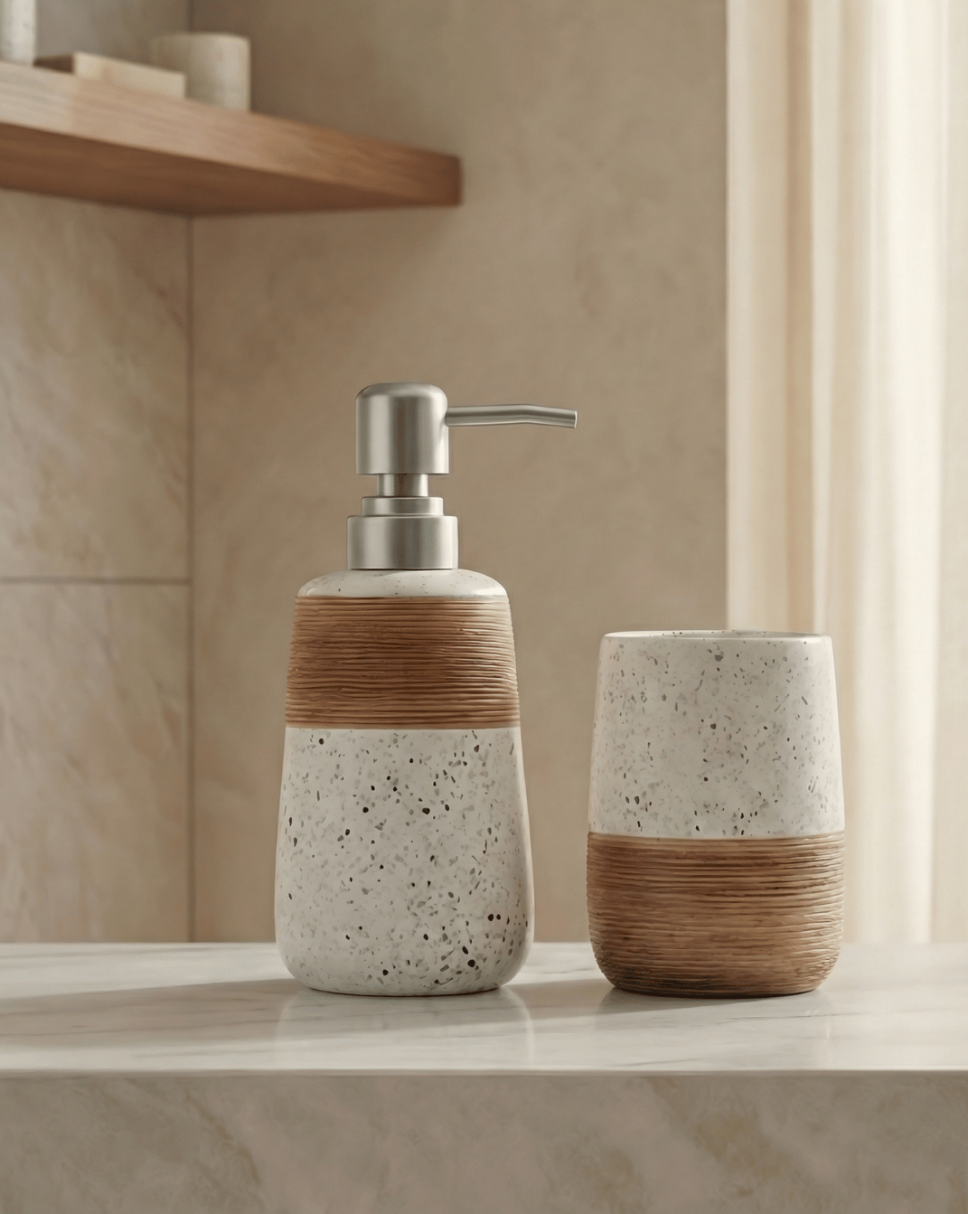 Flint Badkamerset 2-Delig Gespikkeld Keramiek Met Bamboe Design, 18 cm | Wit - Maison Roze