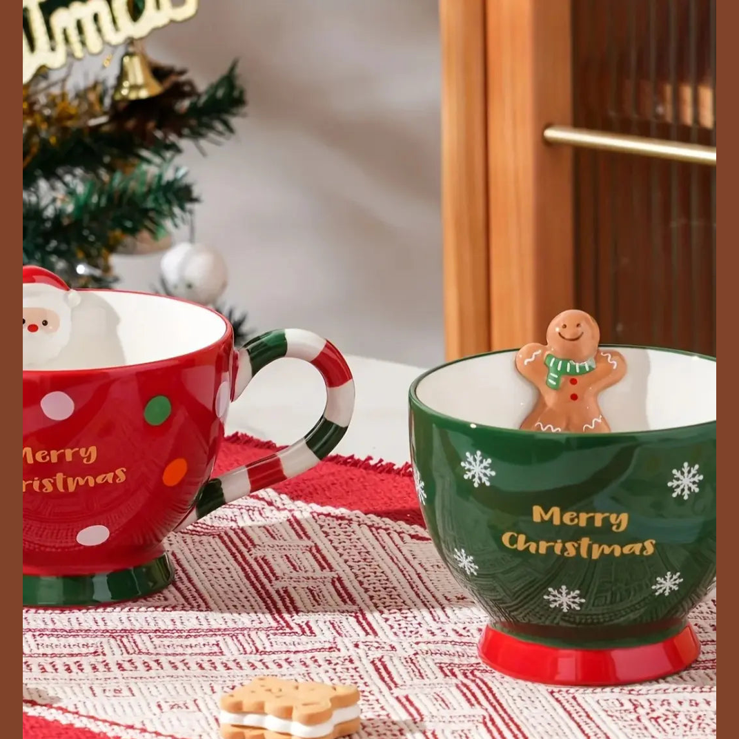 500ml Feestelijke Keramische Mok – Groene En Rode Kerst Cartoon Ontwerp