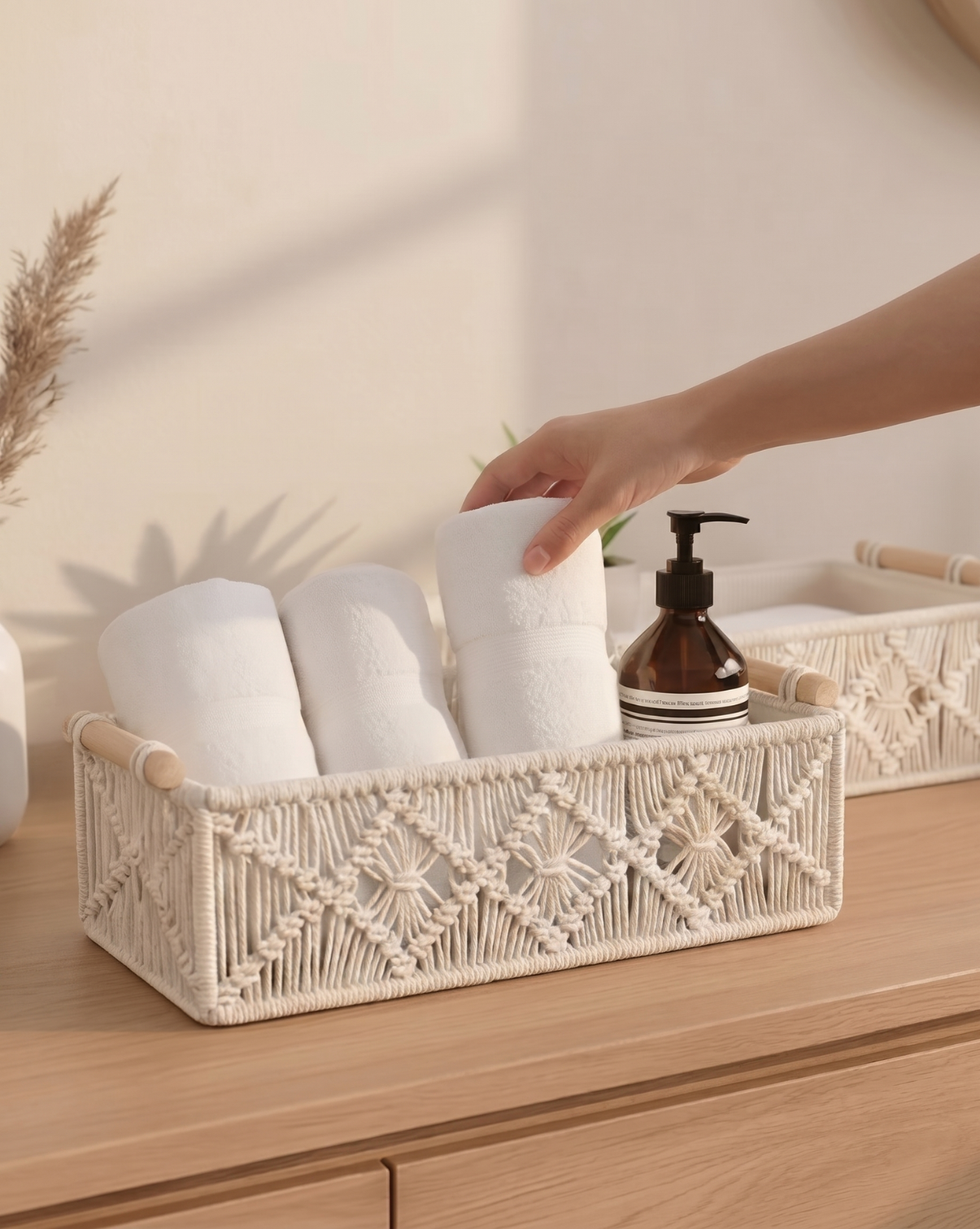 Boho Opbergmandjes Set (2 stuks) - Gevlochten Organizer met Houten Handvatten | - Maison Roze