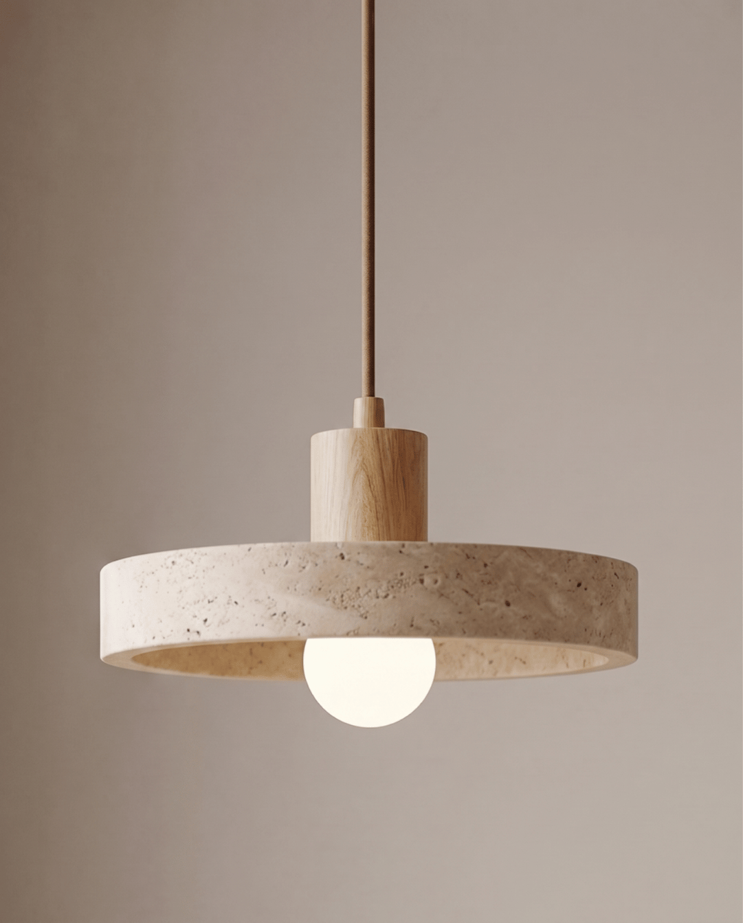 Dune Hanglamp Van Geel Travertijn Met Massief Houten Accent | Dennen - Maison Roze