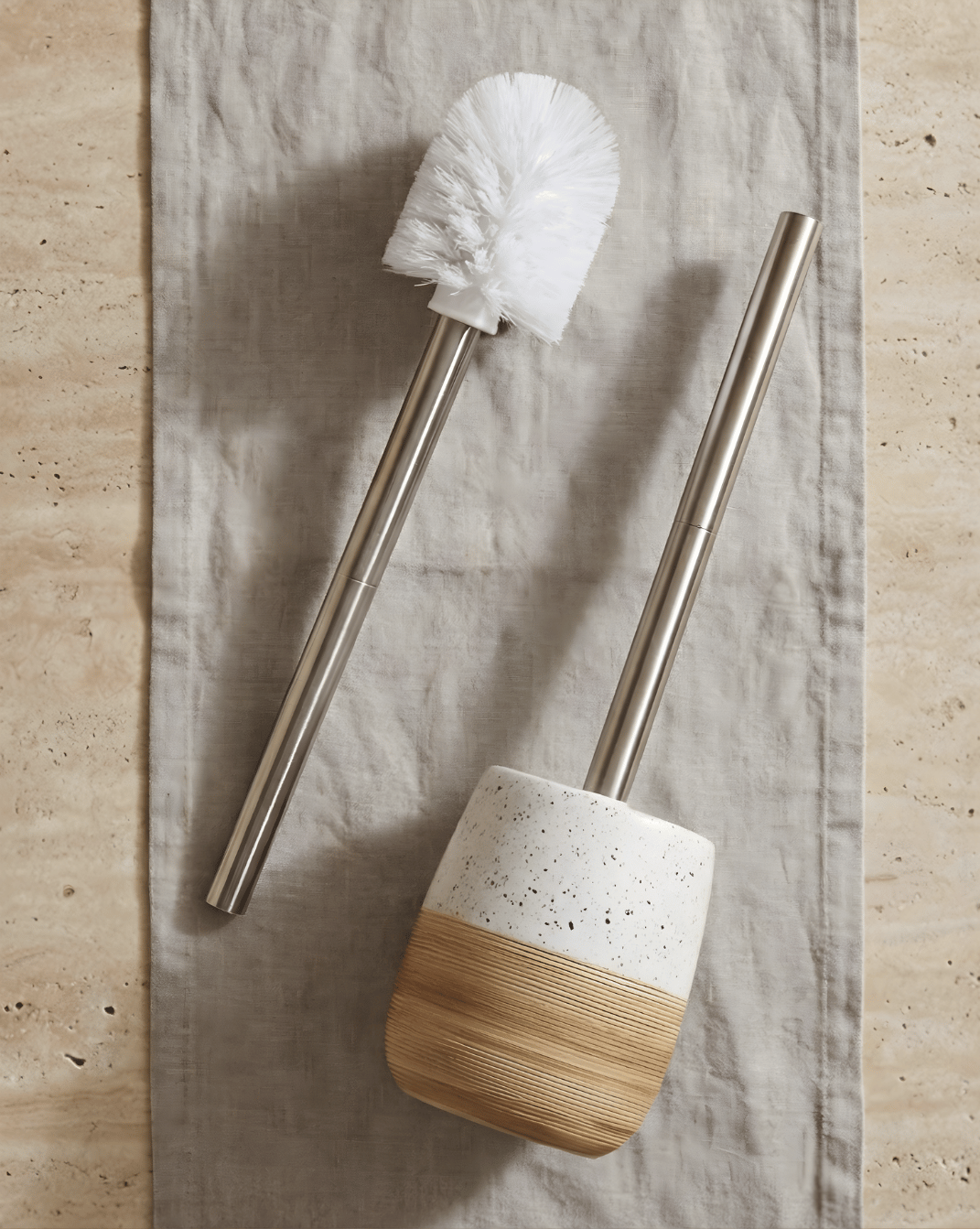 Keramische Toiletborstelset – Houten Textuur Voet – Roestvrijstalen Handvat | - Maison Roze