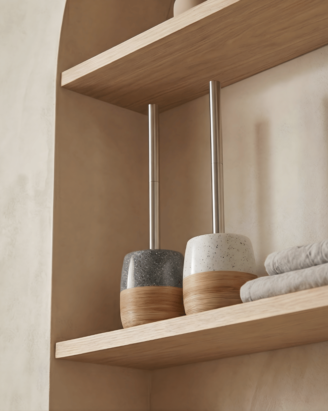 Keramische Toiletborstelset – Houten Textuur Voet – Roestvrijstalen Handvat | - Maison Roze