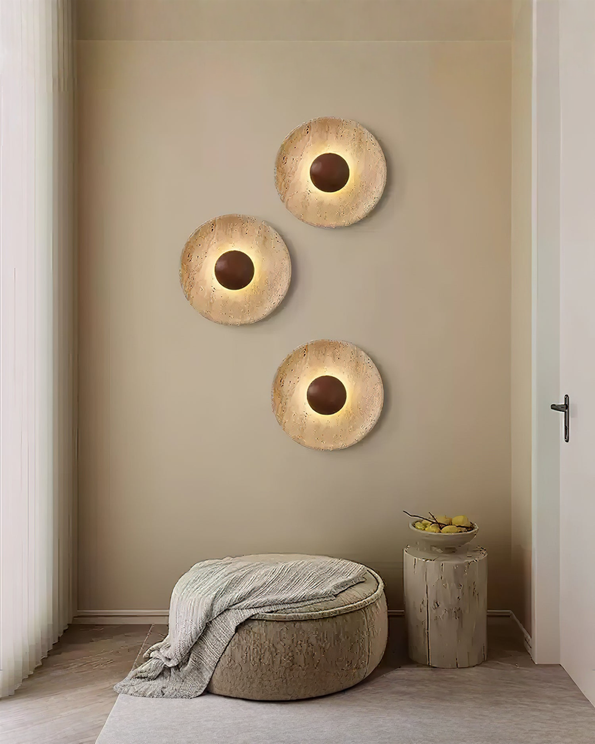 Halo Disc - Travertin wandlamp met hout - Ø 25 cm | - Maison Roze