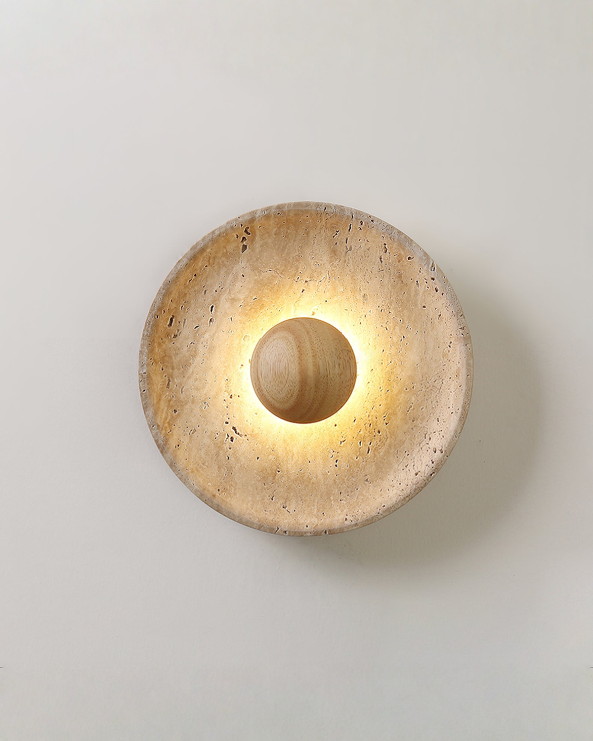 Halo Disc - Travertin wandlamp met hout - Ø 25 cm | - Maison Roze