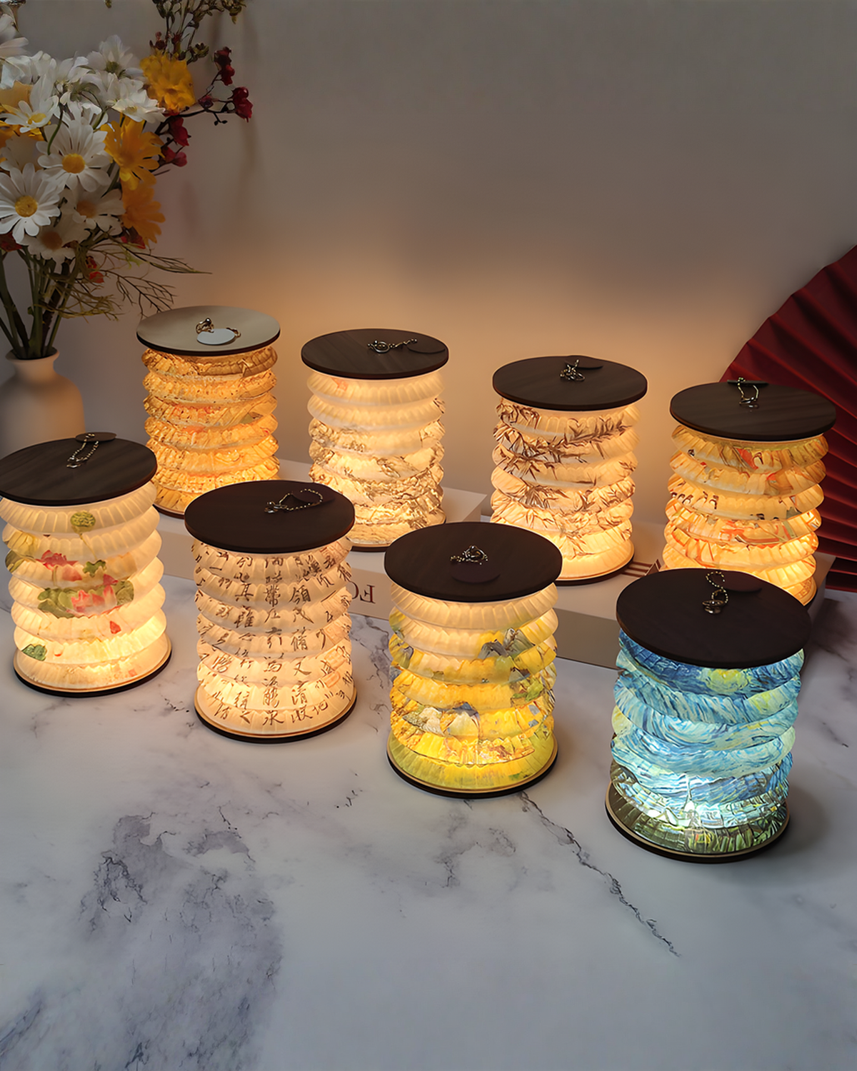 Opvouwbare papieren lampion tafellamp met Chinese print, 16 cm | - Maison Roze