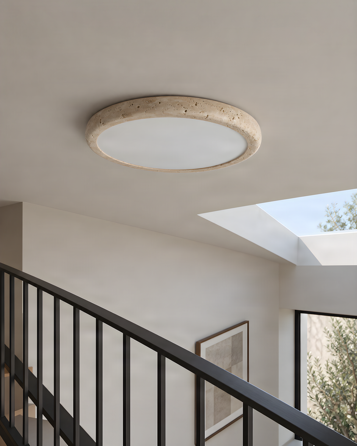 Solis Horizon - Schijfvormige travertin plafondlamp | - Maison Roze