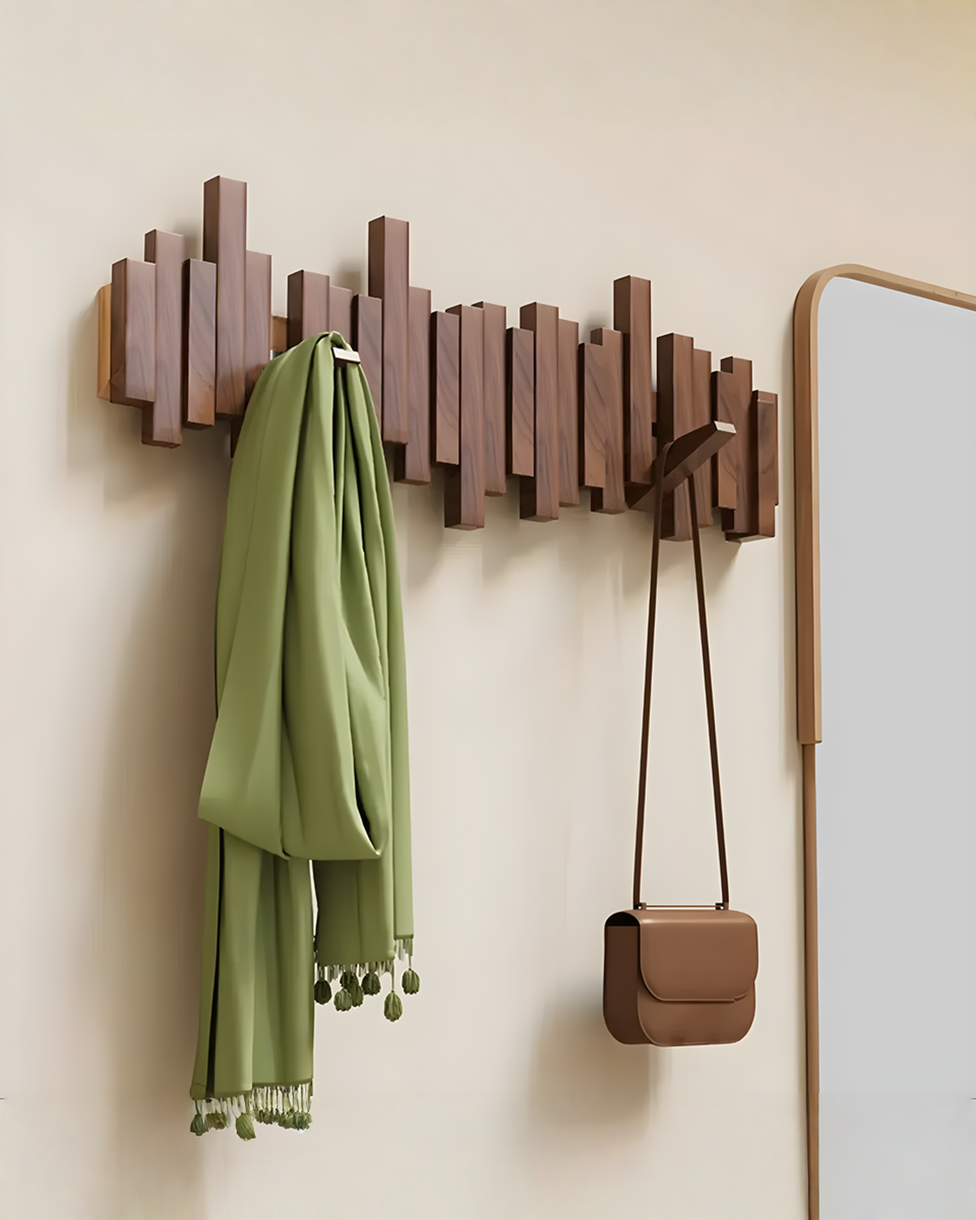 Houten wandkapstok met inklapbare magneethaken – beuken hout, 3 tot 10 haken | - Maison Roze