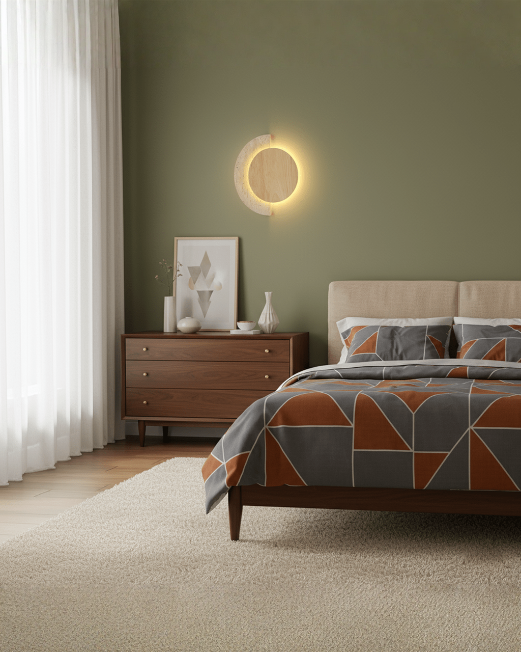 Crescent Halo - Ronde wandlamp van travertin en hout | - Maison Roze