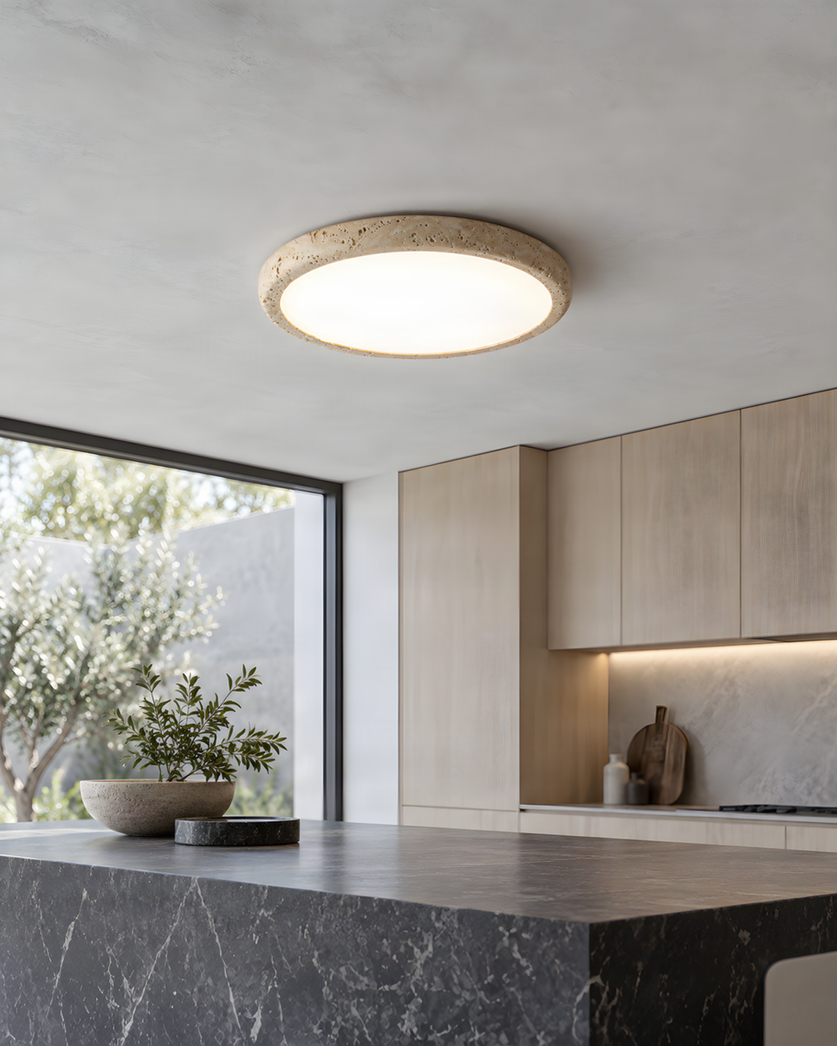 Solis Horizon - Schijfvormige travertin plafondlamp | - Maison Roze