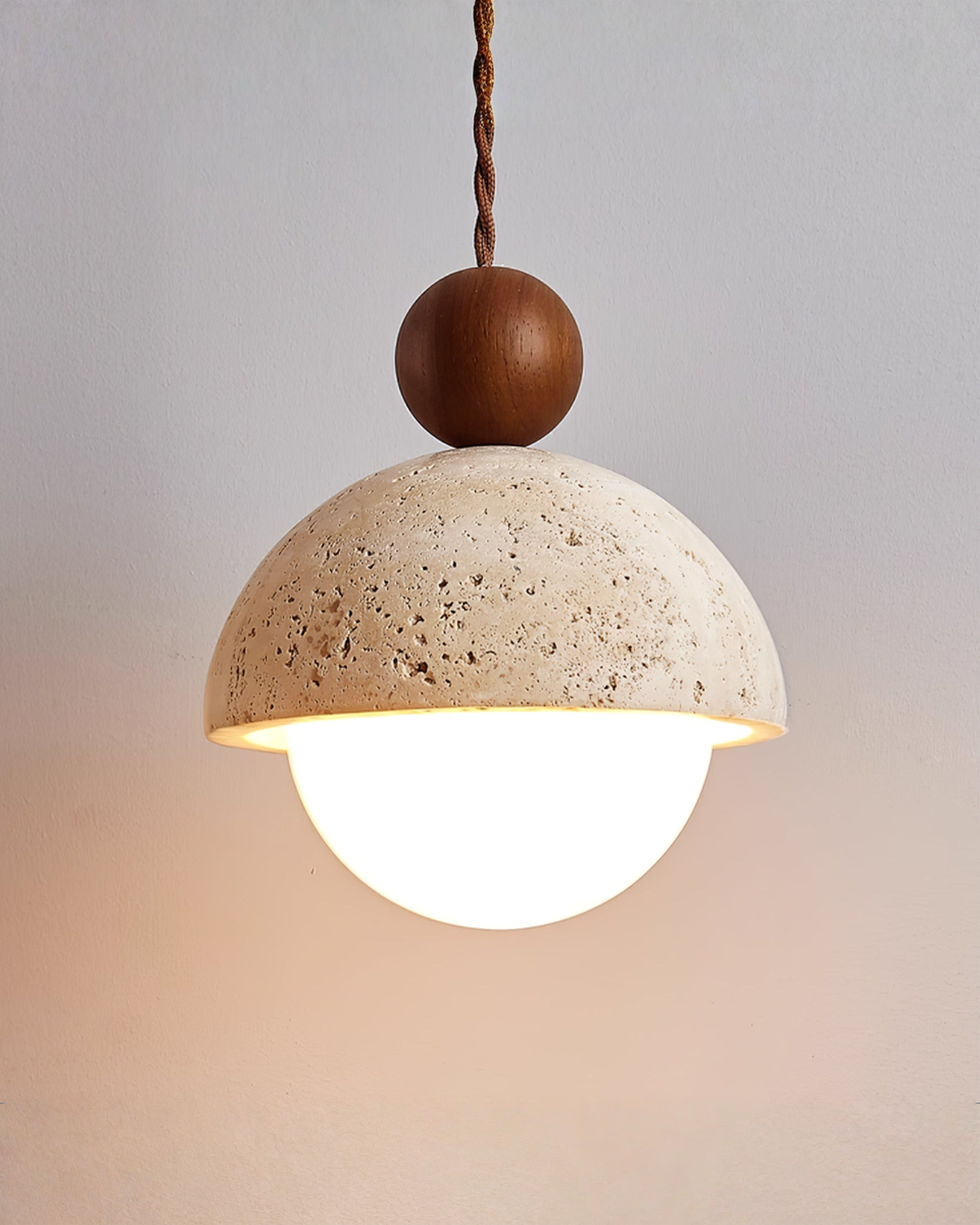 Niva - Hanglamp van travertin en hout | Walnoot - Maison Roze