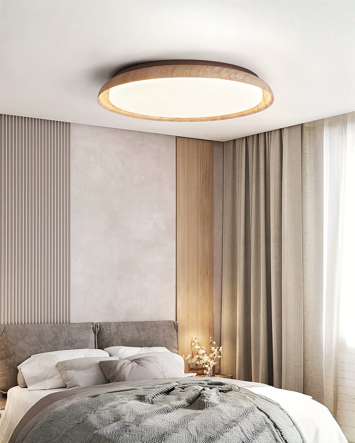 Ronde travertin plafondlamp met hout - Ø 32 of 43 cm | - Maison Roze