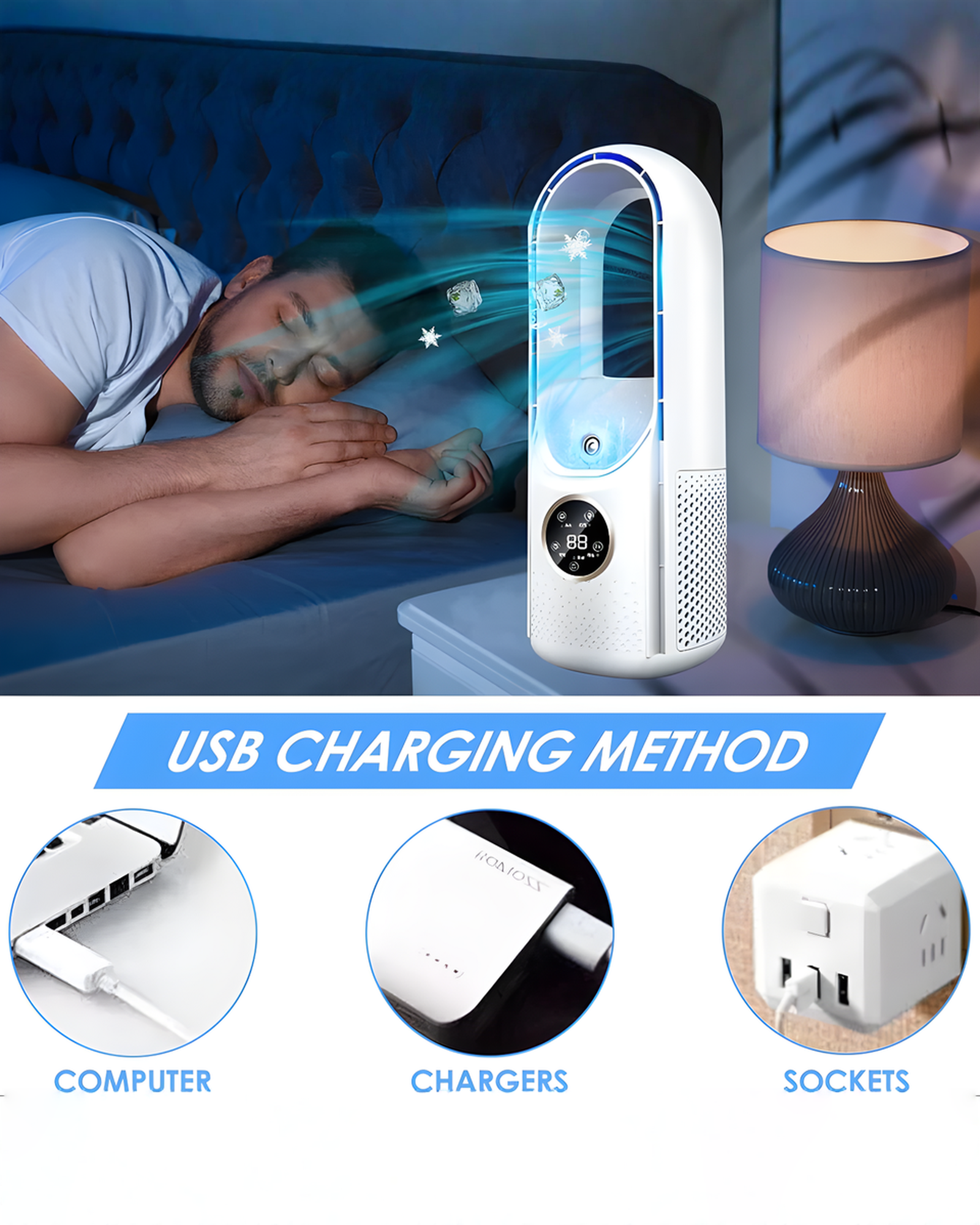 Draagbare Airco Bladeless | Stille USB Mini Airconditioner Wit/Blauw – 30 cm | - Maison Roze