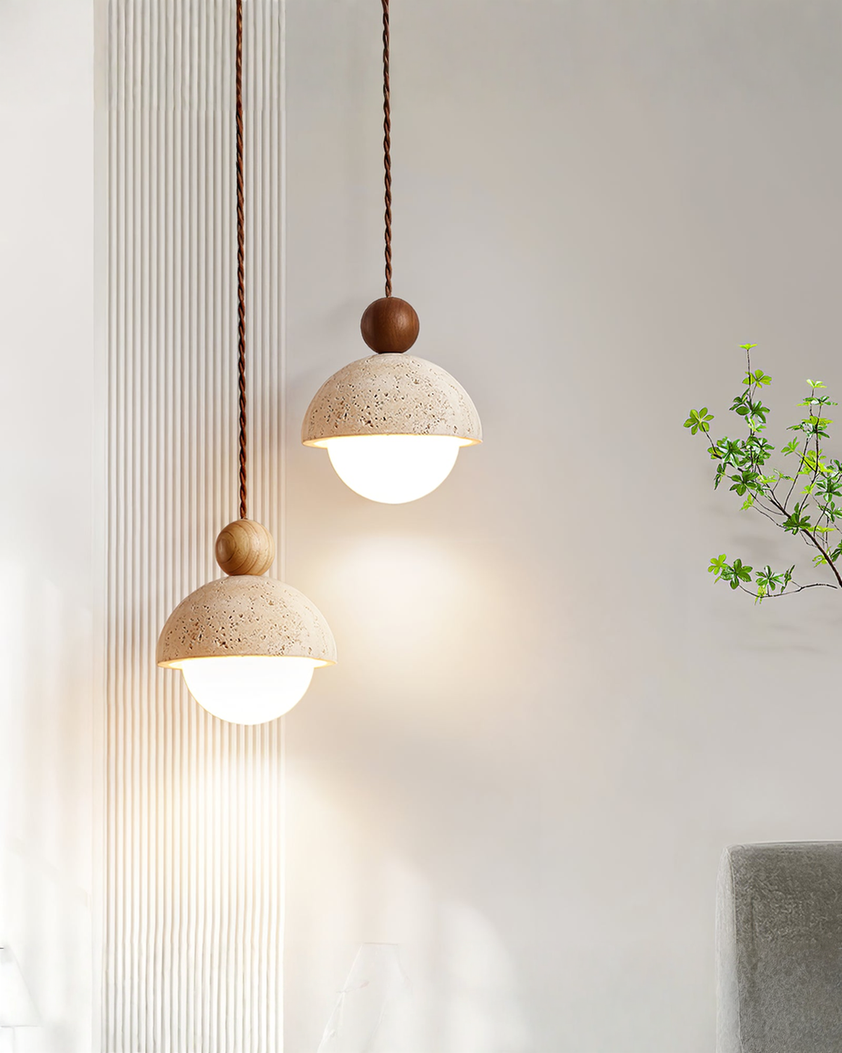 Niva - Hanglamp van travertin en hout | - Maison Roze