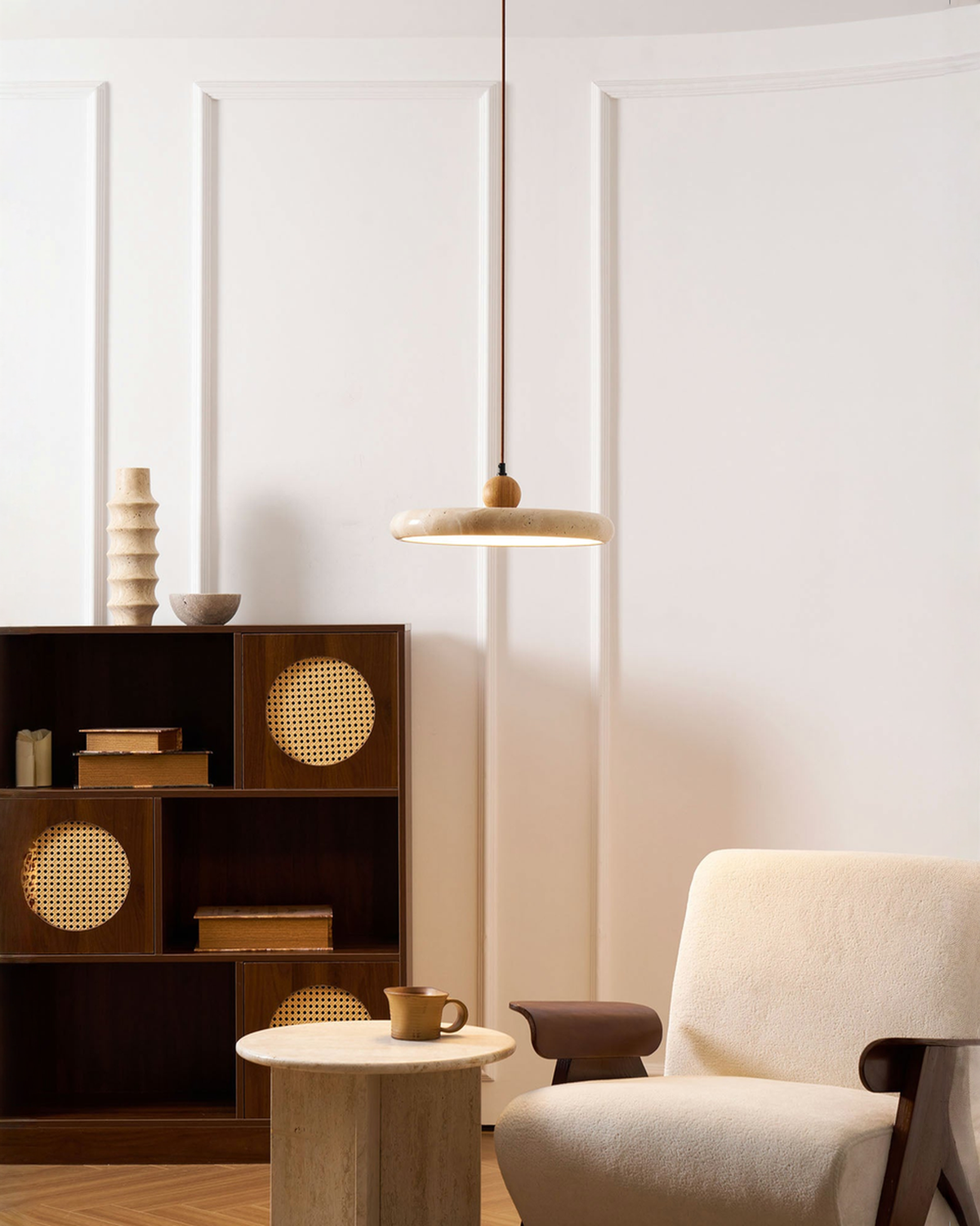 Ronde travertin hanglamp met hout - Ø 30 cm | - Maison Roze