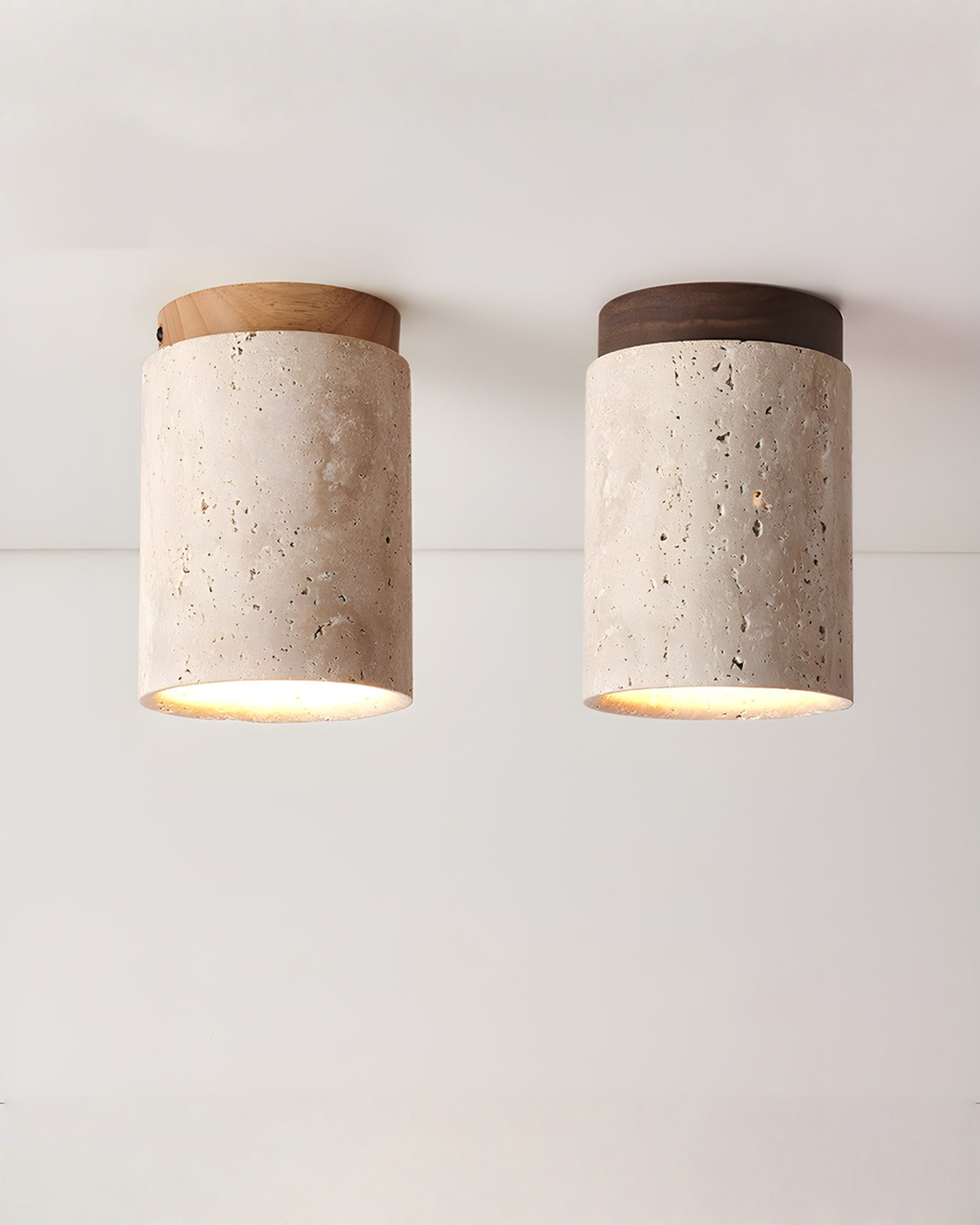 Cilindervormige plafondlamp van travertin en hout | - Maison Roze