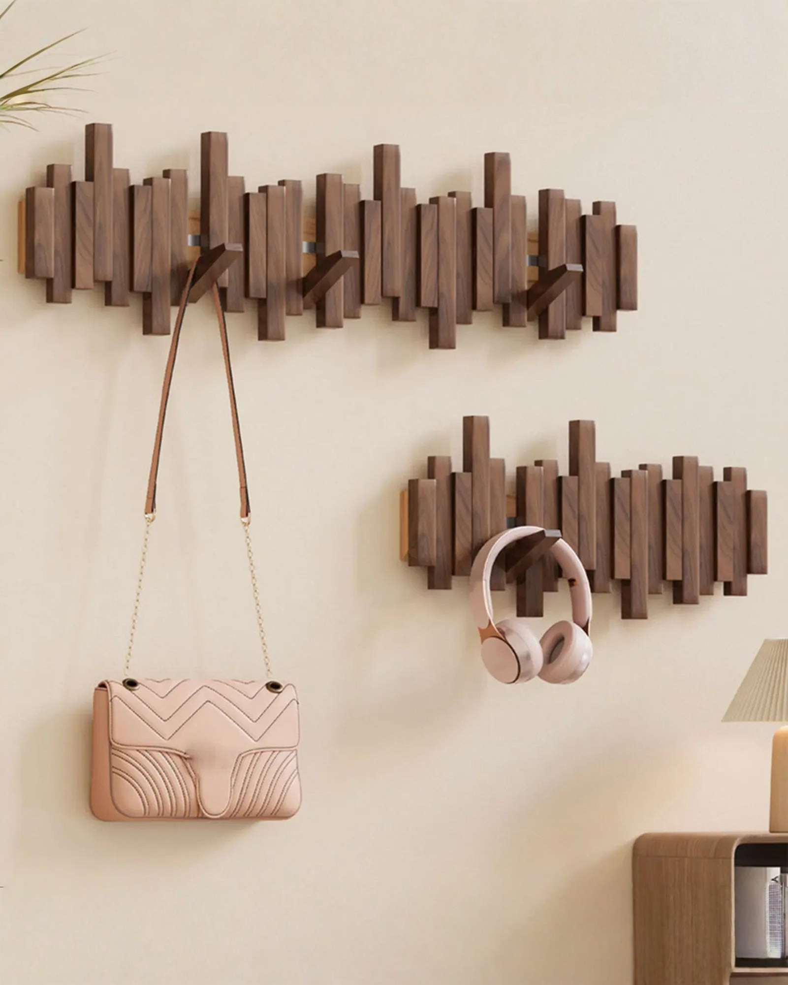 Houten wandkapstok met inklapbare magneethaken – beuken hout, 3 tot 10 haken | - Maison Roze