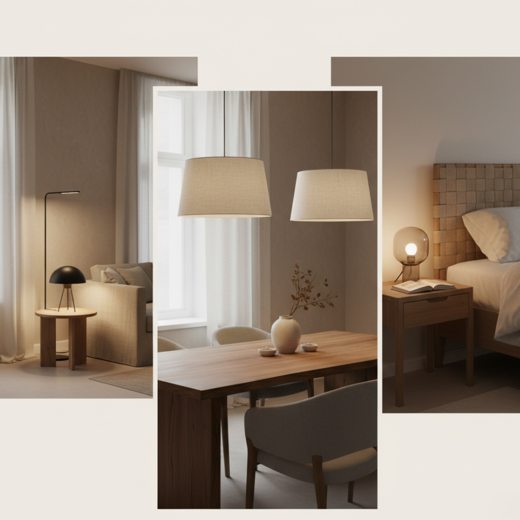 Sfeervolle interieurhoeken met warme verlichting, houten meubels en zachte kleuren voor een warm en rustig interieur