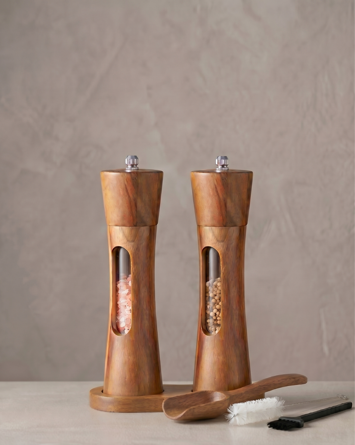 Acacia Houten Peper en Zout Molen Set - Handmatige Keuken Molens met Basis | - Maison Roze