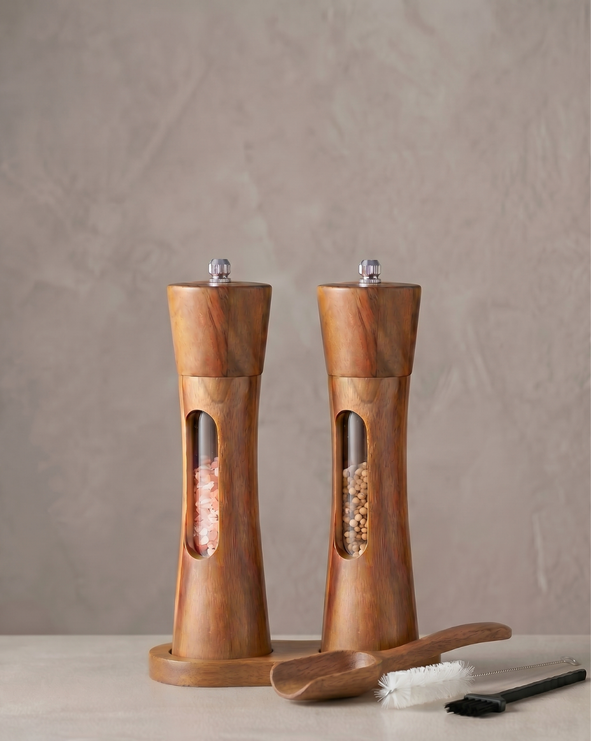 Acacia Houten Peper en Zout Molen Set - Handmatige Keuken Molens met Basis | - Maison Roze
