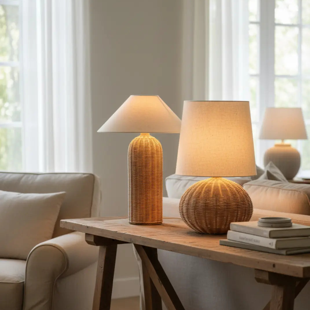 Wabi-Sabi Rotan Tafellamp – Handgeweven Voet Met Stoffen Kap