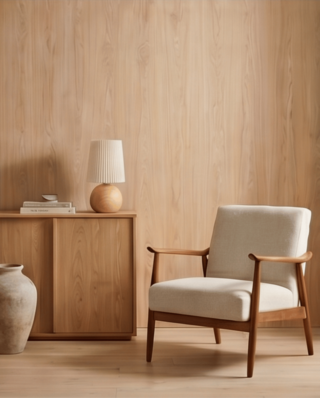 Tafellamp van keramiek met hout design en stoffen kap - rond, 28,5cm | - Maison Roze