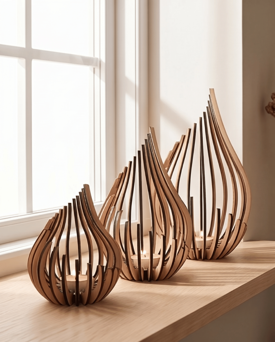 Ember Theelichthouder Van Natuurlijk Hout | Set van drie - Maison Roze