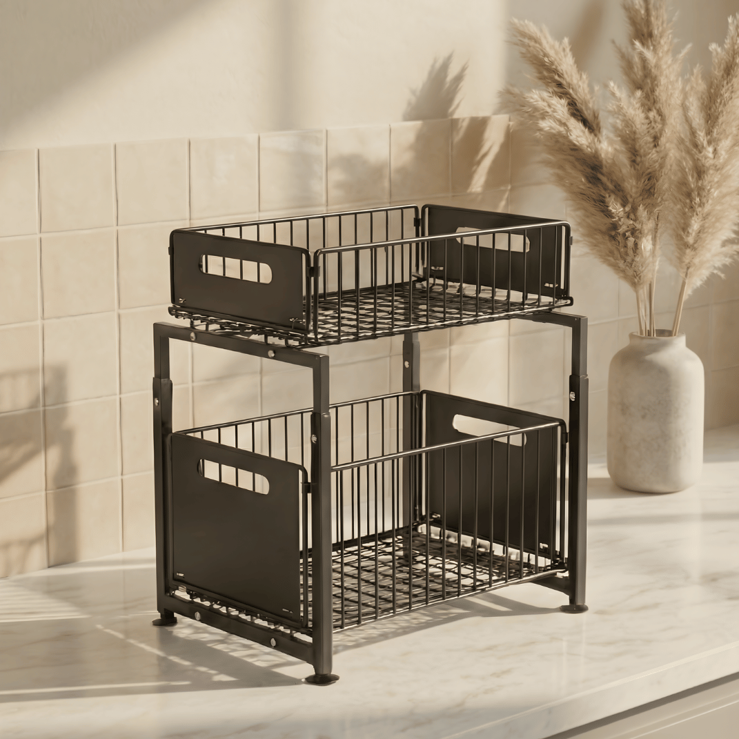 Onderkast Organizer 2-Laags – Verstelbare Hoogte Uittrekbare Metalen Lade – Zwart Maison Roze