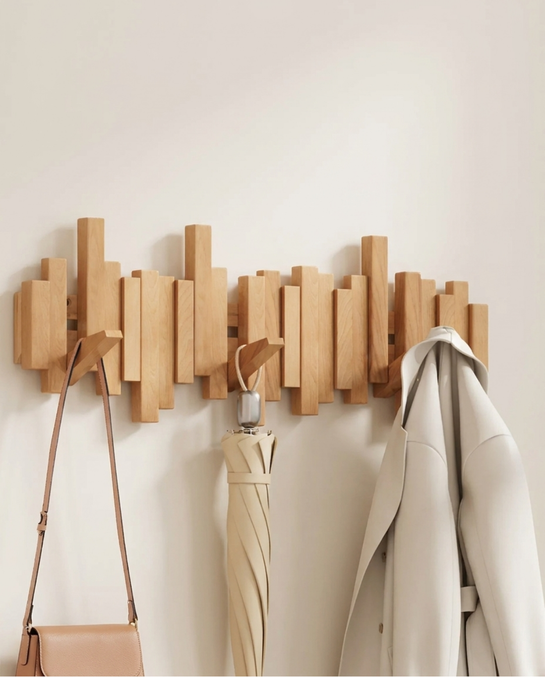Houten wandkapstok met inklapbare magneethaken – beuken hout, 3 tot 10 haken | Naturel - Maison Roze